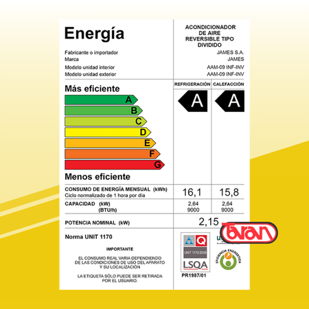 AIRE ACONDICIONADO INVERTER JAMES 9000 BTU AAM-09 INF-INV
