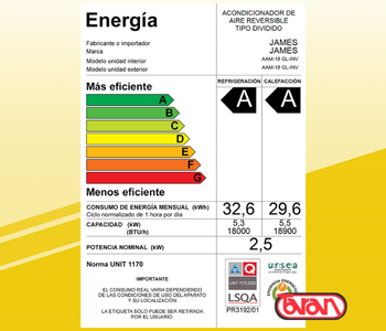 AIRE ACONDICIONADO 18000 BTU INVERTER JAMES AAM-18 GL-INV