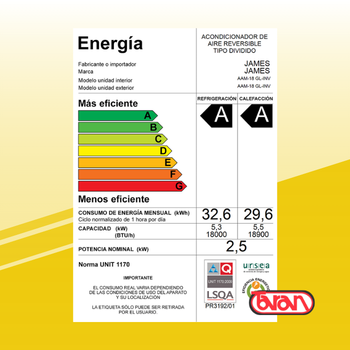 AIRE ACONDICIONADO 18000 BTU INVERTER JAMES AAM-18 GL-INV