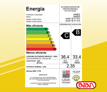 AIRE ACONDICIONADO 18000 BTU JAMES AAM-18 FT-FC