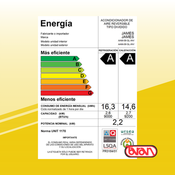 AIRE ACONDICIONADO 9000 BTU INVERTER JAMES AAM-09 GL-INV